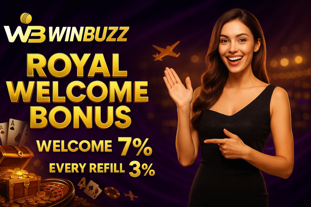 Winbuzz “Royal Welcome Bonus” banner with a woman in a black dress pointing at gold offer text, plus cards and a coin-filled chest on a purple background.