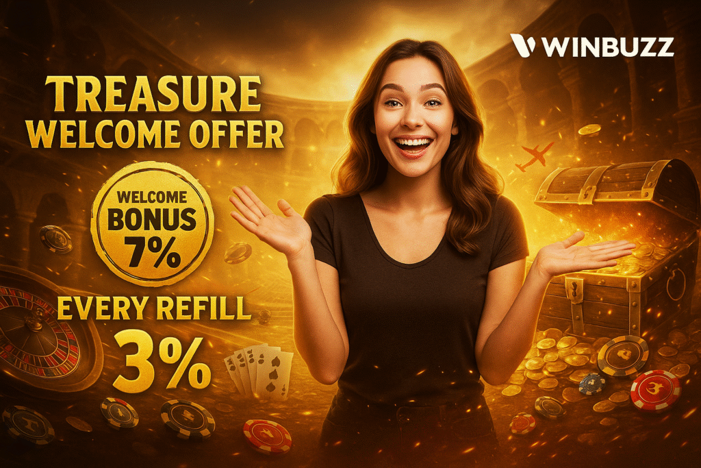 Golden Winbuzz “Treasure Welcome Offer” ad with a smiling woman raising both hands, a 7% welcome badge, “Every Refill 3%,” and a coin-filled treasure chest with chips and cards.