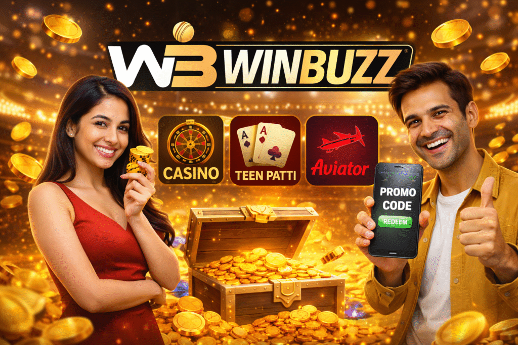 Smiling players promoting the Winbuzz gaming platform with casino icons, a promo code on a smartphone, and a glowing treasure chest of coins.