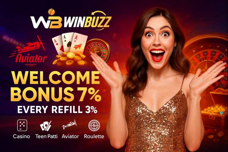 Winbuzz “Welcome Bonus” ad with an excited woman in a glittery dress, showing “Welcome Bonus 7%” and “Every Refill 3%,” plus icons for Casino, Teen Patti, Aviator, and Roulette.
