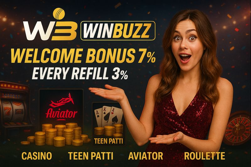 Winbuzz casino promotion showing “Welcome Bonus 7%” and “Every Refill 3%,” with a surprised woman in a maroon dress, stacks of coins, game tiles for Aviator and Teen Patti, and menu labels for Casino, Teen Patti, Aviator, and Roulette.