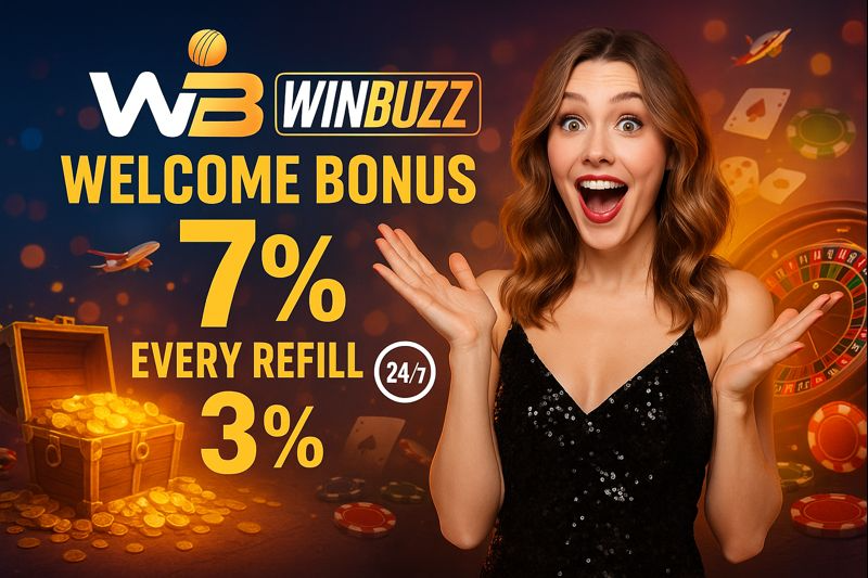 A Winbuzz promo banner with a smiling surprised woman, bold “Welcome Bonus” text, and casino visuals like coins, cards, and a roulette-style dial.