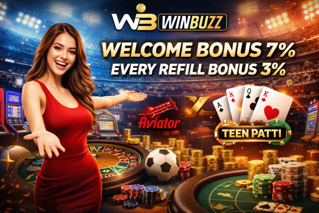 A smiling woman welcoming players inside a stadium-style casino with cards, chips, roulette tables, and bonus highlights.