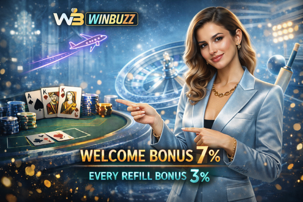 Elegant woman in a silver-blue blazer pointing to WinBuzz bonus text inside an icy luxury casino scene.