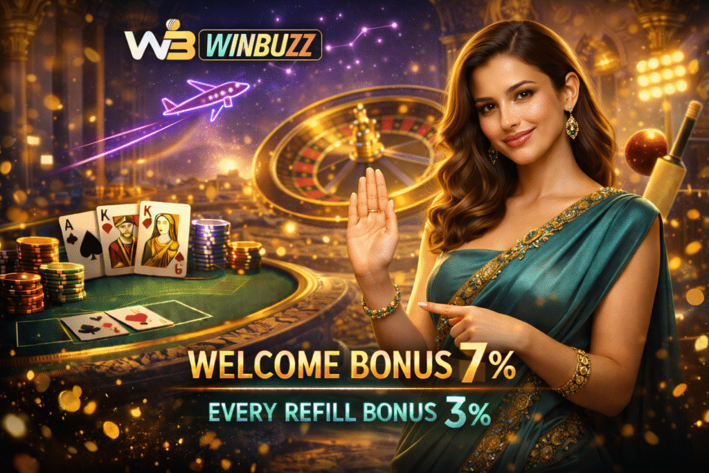 Teal-gold dressed woman giving a blessing gesture and pointing to WinBuzz bonus text in a temple scene.