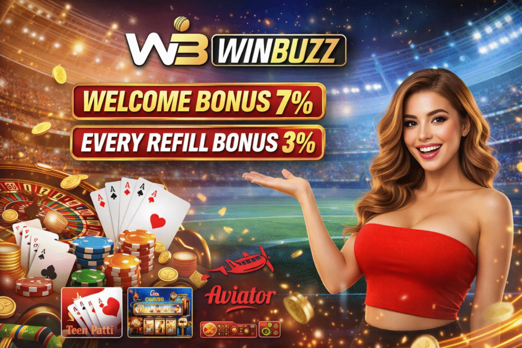 WinBuzz casino promotion artwork featuring bonus offers, poker chips, playing cards, and a smiling woman gesturing toward the rewards inside a glowing stadium scene.