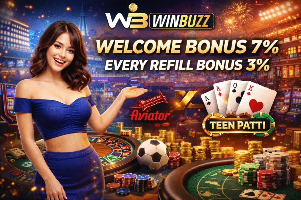Night-themed casino promotion with bonus offers, roulette table, chips, playing cards, and a smiling presenter against a city backdrop.