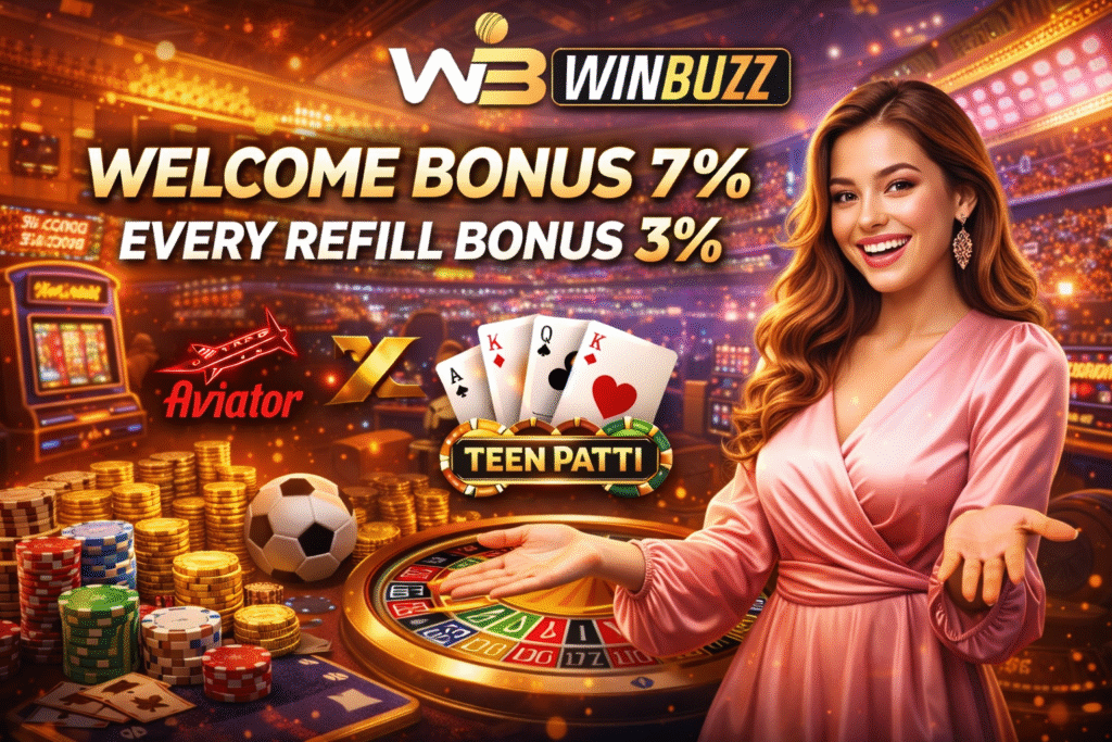 Casino promotional banner showing welcome and refill bonuses, roulette wheel, chips, playing cards, and a friendly female presenter.