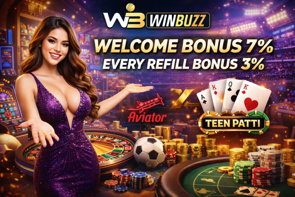 Elegant casino promotion graphic showing bonus offers, roulette table, gaming chips, cards, and a welcoming presenter.