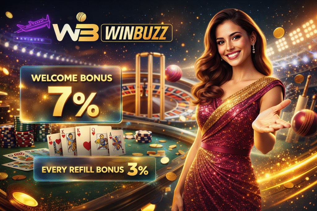 WinBuzz casino promotional banner with a woman showcasing welcome and refill bonuses.