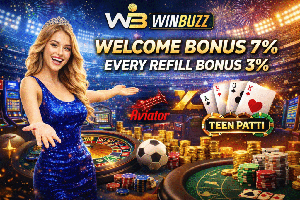 Promotional casino banner showing bonuses, cards, chips, and a welcoming host.