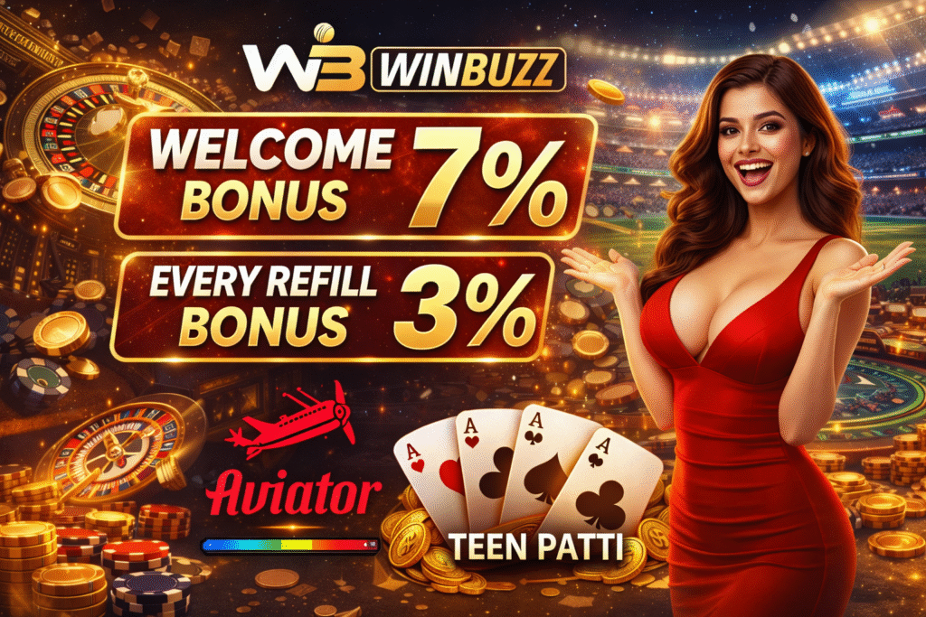 Promotional gaming banner showing WinBuzz branding, casino chips, playing cards, bonus percentages, and a cheerful woman in a red dress inside a stadium-themed backdrop.