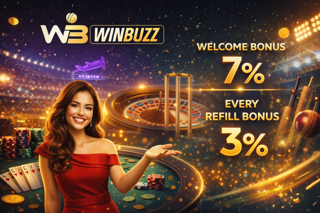 WinBuzz casino banner with a woman presenting welcome and refill bonus offers.