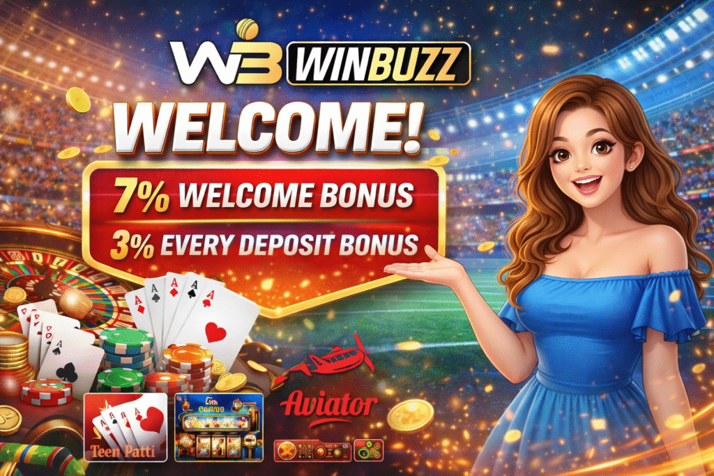 WinBuzz welcome promotion banner with a cartoon-style female character, casino chips, playing cards, and highlighted bonus percentages in a stadium setting.