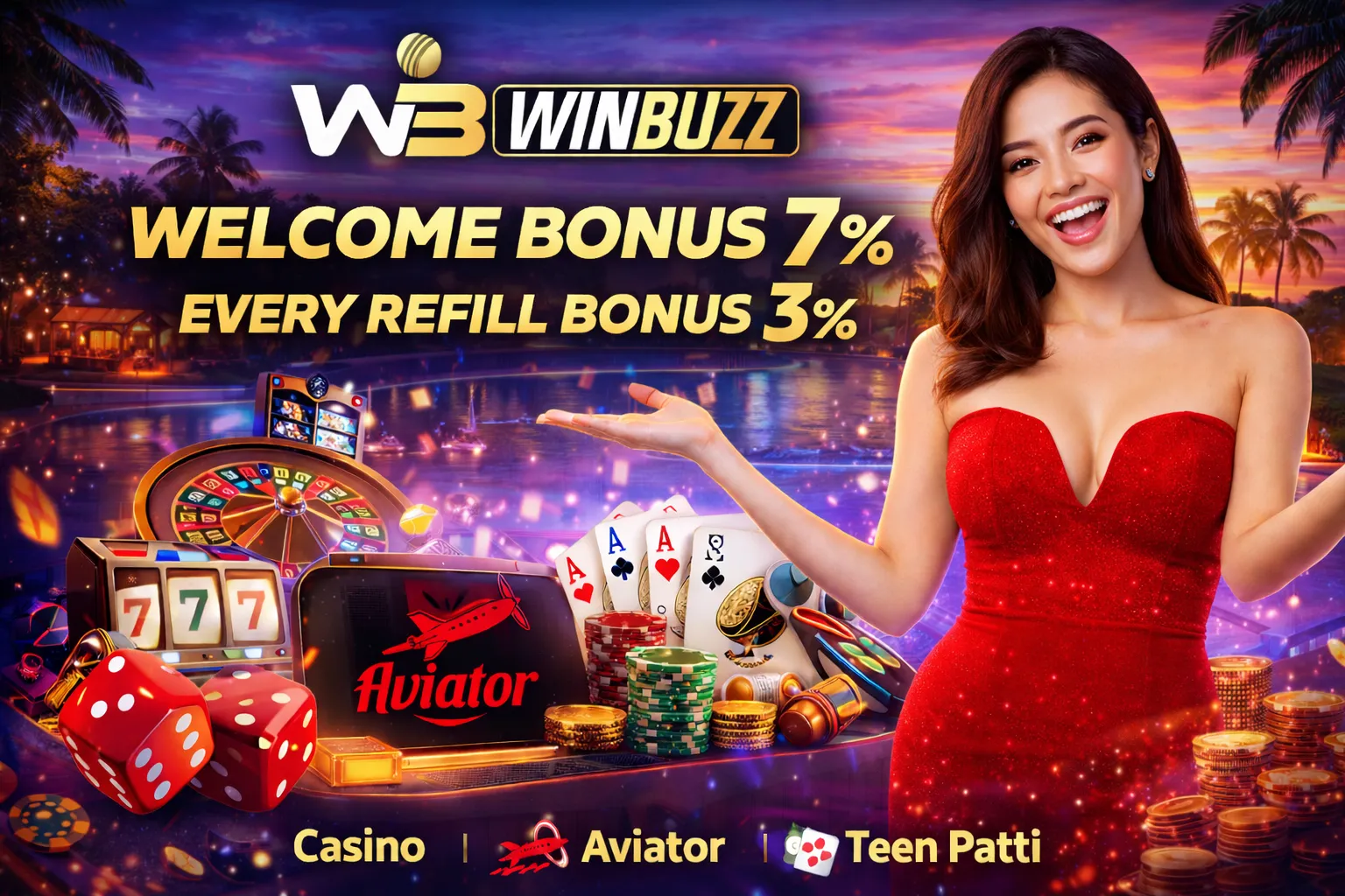 WinBuzz casino promotion banner featuring a tropical sunset background, a smiling woman in a red dress, and bonus offers for players.
