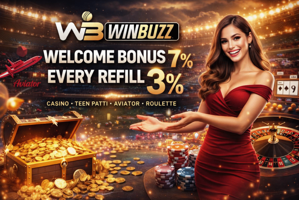 WB WinBuzz casino promotional banner showing a woman in a red dress presenting a 7% welcome bonus and 3% refill offer, with gold coins, a treasure chest, casino chips, roulette wheel, and Aviator branding in the background.