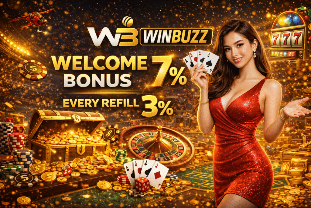 WB WinBuzz casino banner showing 7% welcome bonus and 3% refill with cards, roulette, and gold coins.