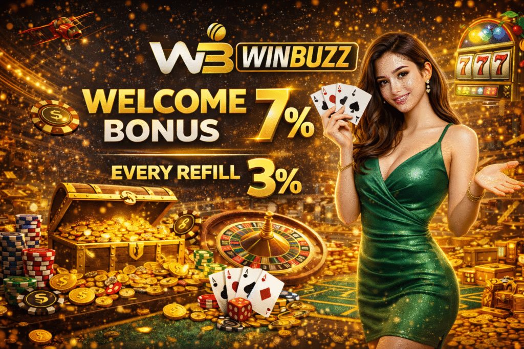 WB WinBuzz casino welcome bonus banner with cards, coins, roulette, and a woman in green dress.