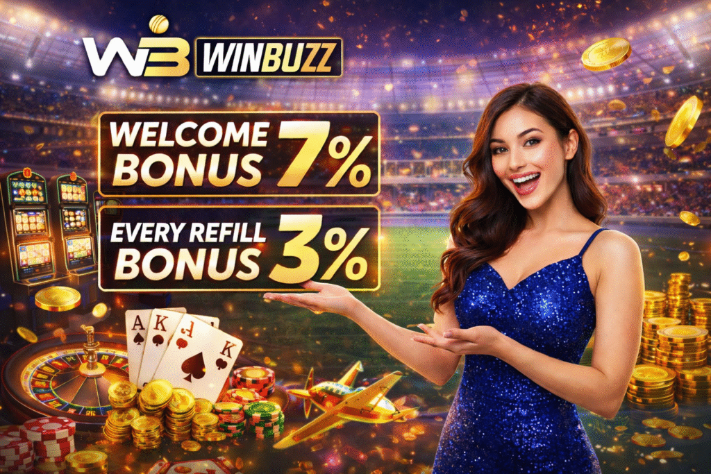 Promotional WINBUZZ banner featuring a hostess in a blue glitter dress with casino elements, stadium lights, and bonus offers of 7% welcome and 3% refill.
