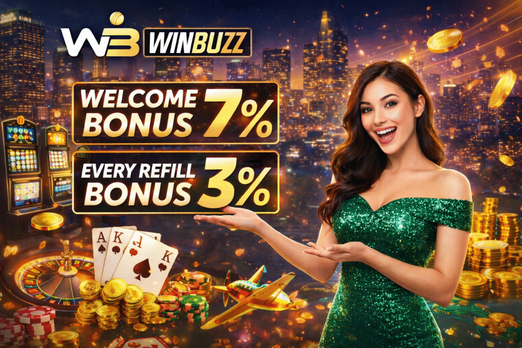 WINBUZZ bonus promotion banner featuring a woman in a green sequined dress with casino games, city skyline, and glowing 7% welcome and 3% refill offers.